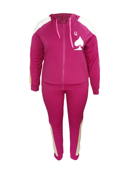 Plus Size Leisure Hooded Collar Patchwork Wine Red Two-piece Pants Set BO507 Furdela