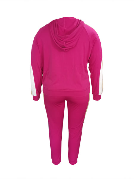 Plus Size Leisure Hooded Collar Patchwork Wine Red Two-piece Pants Set BO507 Furdela