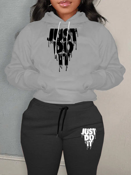 Plus Size Just Do It Letter Print Kangaroo Pocket Tracksuit Set AR802