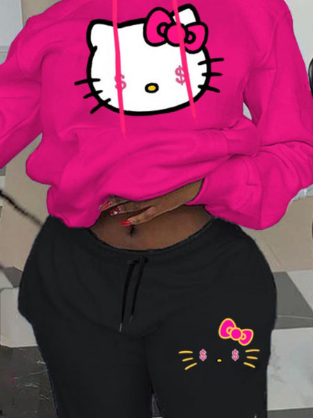 Plus Size Cartoon Print Kangaroo Pocket Tracksuit Set AT9047