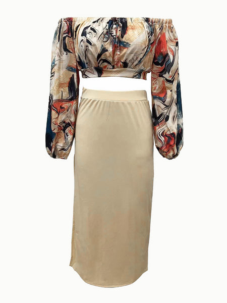 Plus Size Off The Shoulder Plaid Print Side Slit Skirt Set AR50138