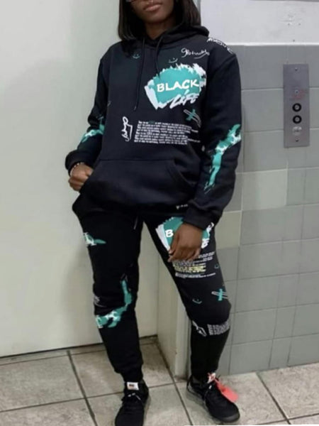 Plus Size Letter Print Kangaroo Pocket Tracksuit Set BO3011