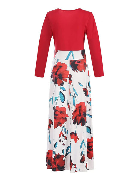 Plus Size Patchwork Pattern Print Floral Long Sleeve Regular Dress AC2046