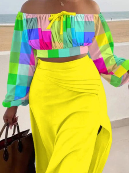 Plus Size Off The Shoulder Plaid Print Thigh Slit Skirt Set AC2057