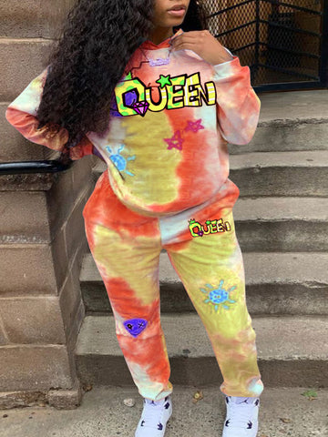 Plus Size Queen Star Letter Print Tie Dye Tracksuit Set BO3037
