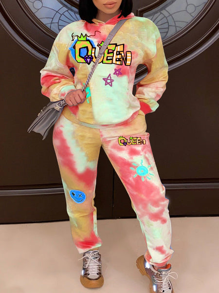 Plus Size Queen Star Letter Print Tie Dye Tracksuit Set BO3037