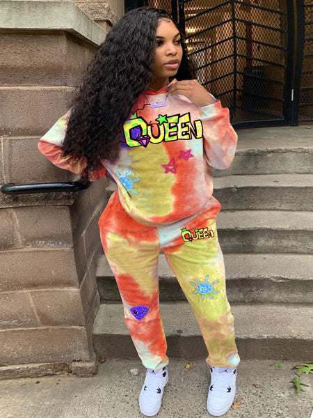 Plus Size Queen Star Letter Print Tie Dye Tracksuit Set BO3037