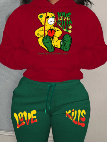 Plus Size Teddy Bear Letter Print Kangaroo Pocket Tracksuit Set AT9045