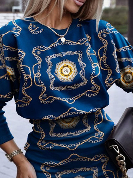 Plus Size Lantern Sleeve Chain Print Bodycon Dress AC2037