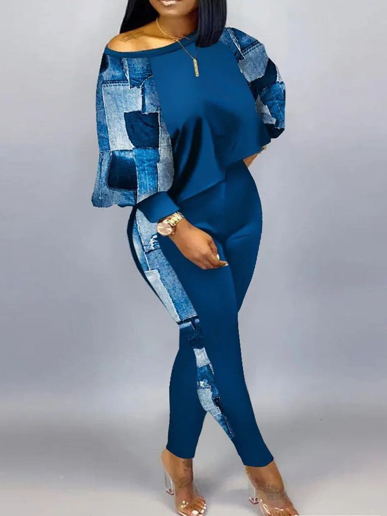 Plus Size Imitation Denim Crop Top Skinny Pants Set AC2053