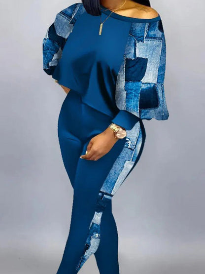 Plus Size Imitation Denim Crop Top Skinny Pants Set AC2053