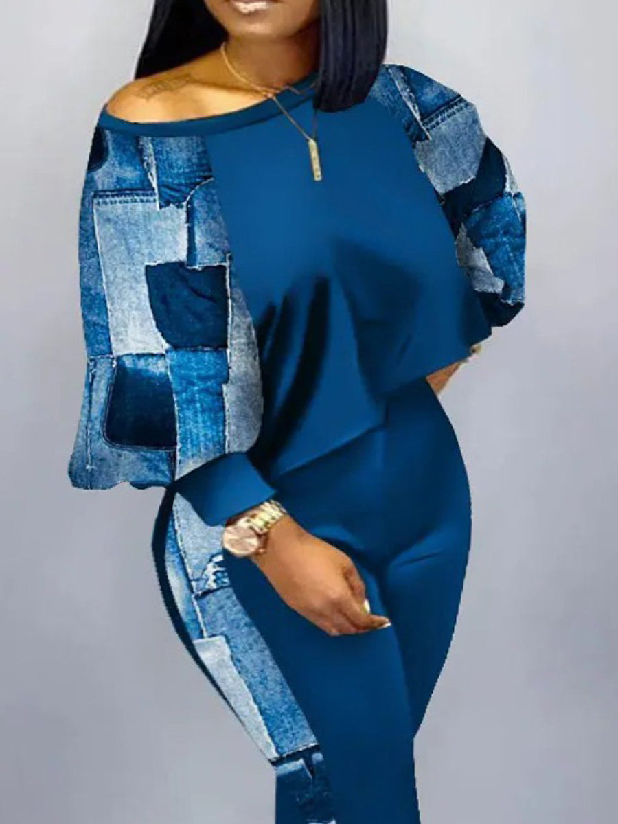 Plus Size Imitation Denim Crop Top Skinny Pants Set AC2053