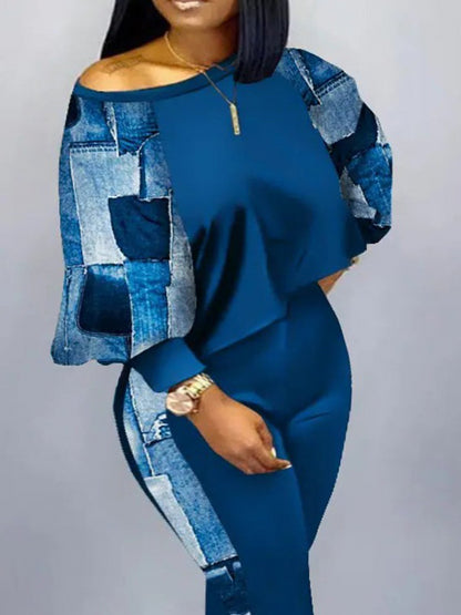 Plus Size Imitation Denim Crop Top Skinny Pants Set AC2053