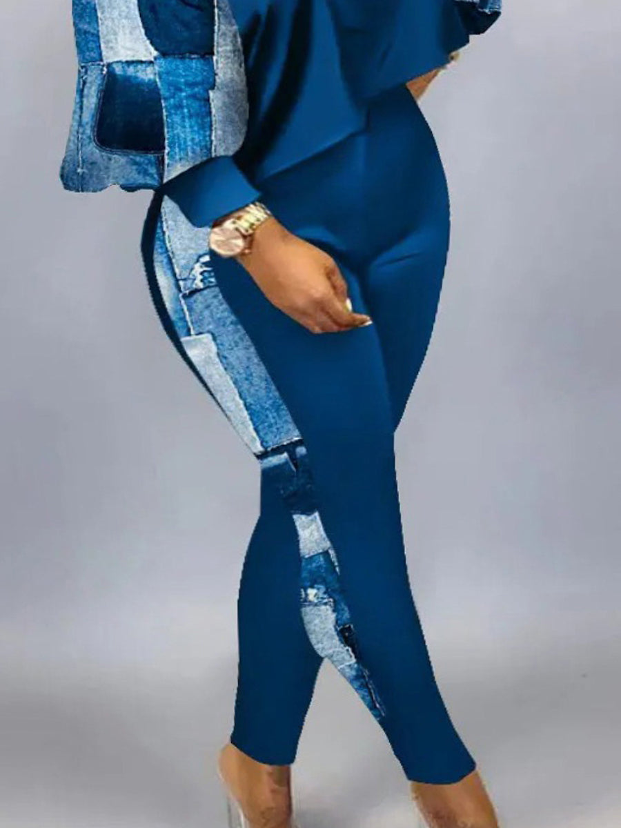 Plus Size Imitation Denim Crop Top Skinny Pants Set AC2053