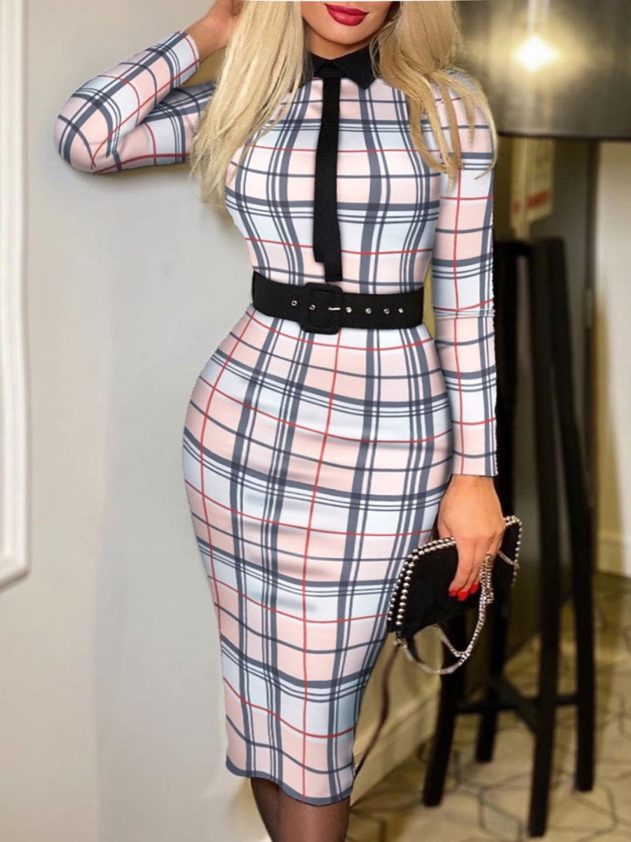 Plus Size Belt Design Houndstooth Bodycon Dress BO50117 Furdela