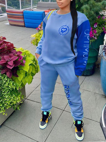 Plus Size Pocket Design Pattern Print Color Block Loose Two-piece Pants Set BO1151