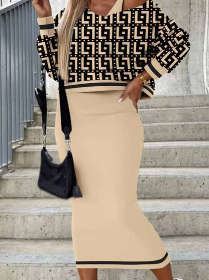 Plus Size V Neck Geometric Print Striped Skirt Set AC2065