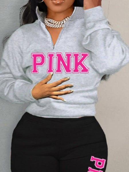 Plus Size Letter Print Zipper Design Pants Set AT9021