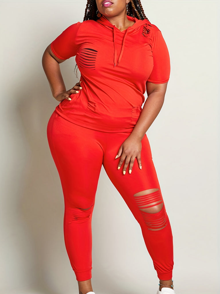 Plus Size Hooded Collar Ripped Pants Set AT909