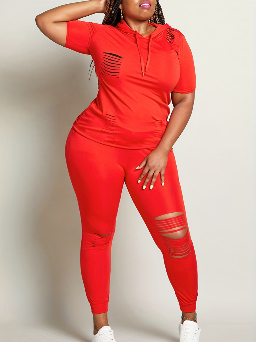 Plus Size Hooded Collar Ripped Pants Set AT909