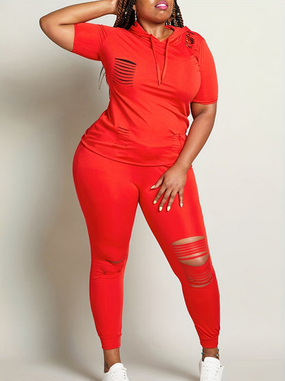 Plus Size Hooded Collar Ripped Pants Set AT909