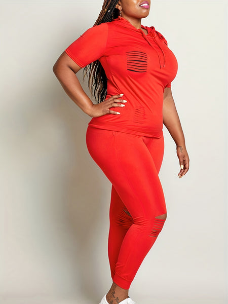 Plus Size Hooded Collar Ripped Pants Set AT909