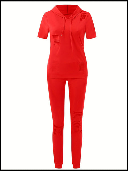 Plus Size Hooded Collar Ripped Pants Set AT909