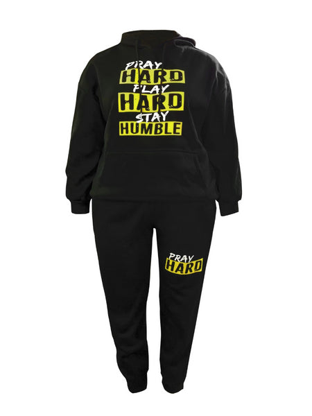 Plus Size Stay Humble Letter Print Kangaroo Pocket Tracksuit Set BO5055 Furdela