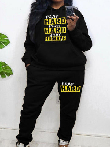 Plus Size Stay Humble Letter Print Kangaroo Pocket Tracksuit Set BO5055 Furdela