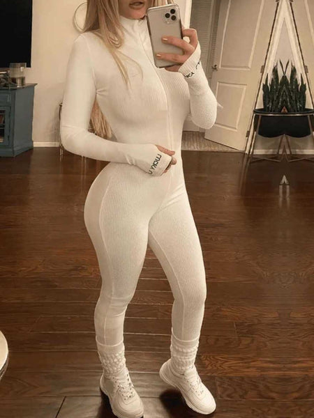 Letter Print Rib Knit Skinny Jumpsuit BO5099 Furdela