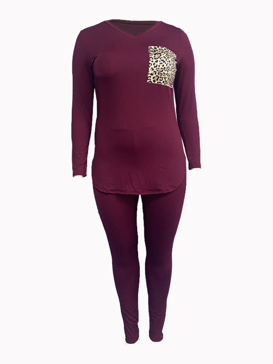 Plus Size Pocket Design Pattern Leopard Print Skinny Two-piece Pants Set AC2020