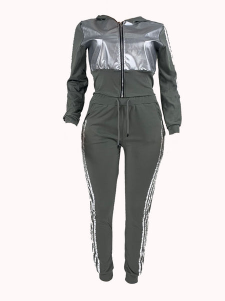 Plus Size Hooded Collar Striped Tracksuit Set AT9037