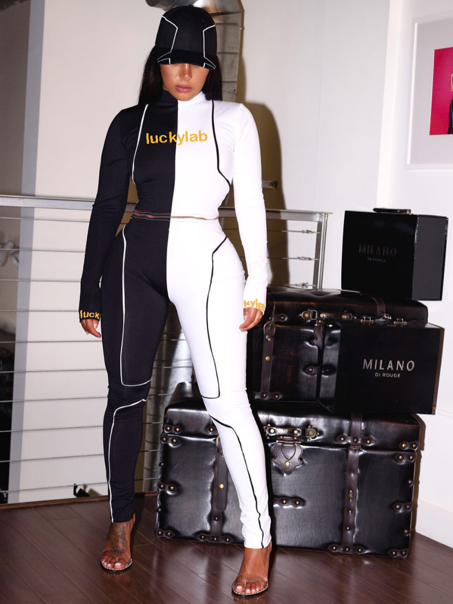 BASICS Plus Size Patchwork Letter Print Color Block Skinny Black And White Two-piece Pants Set AT9044