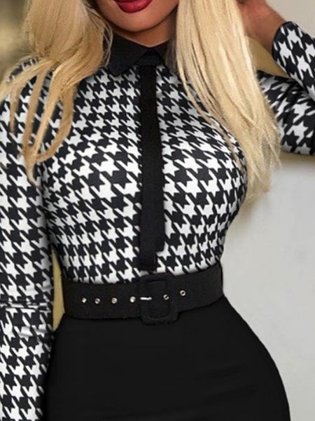 Plus Size Belt Design Houndstooth Bodycon Dress BO50117 Furdela