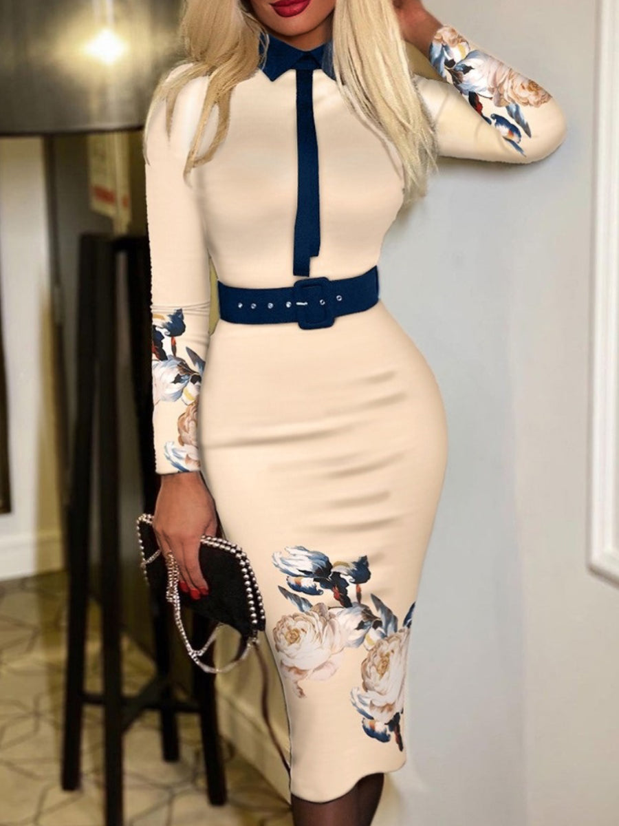 Plus Size Belt Design Houndstooth Bodycon Dress BO50117 Furdela