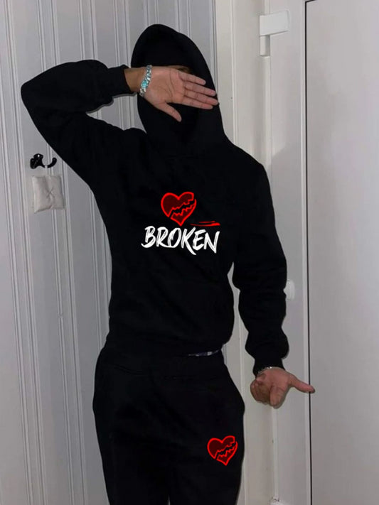 Men Heart Letter Print Kangaroo Pocket Tracksuit Set AT908