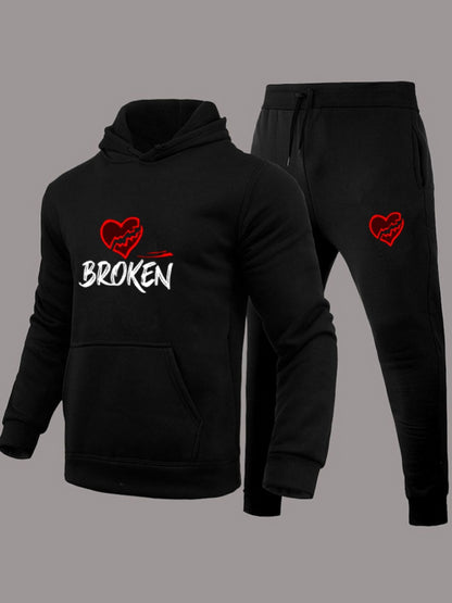 Men Heart Letter Print Kangaroo Pocket Tracksuit Set AT908
