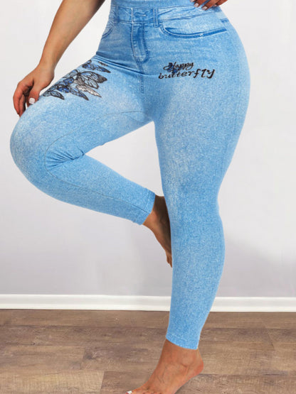 Plus Size High Waist Butterfly Letter Print Pants BO3019