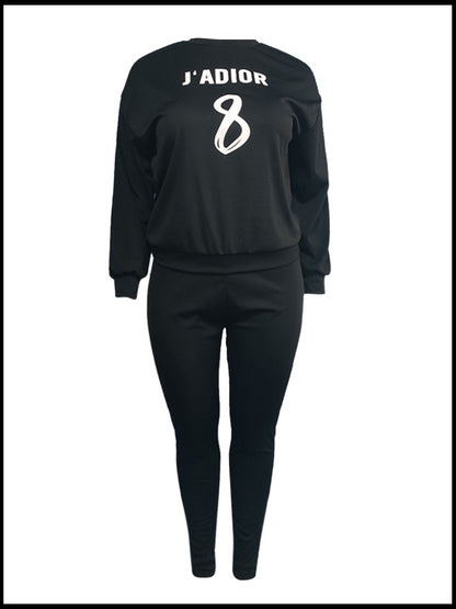Plus Size Round Neck Letter Print Pants Set BO50118 Furdela