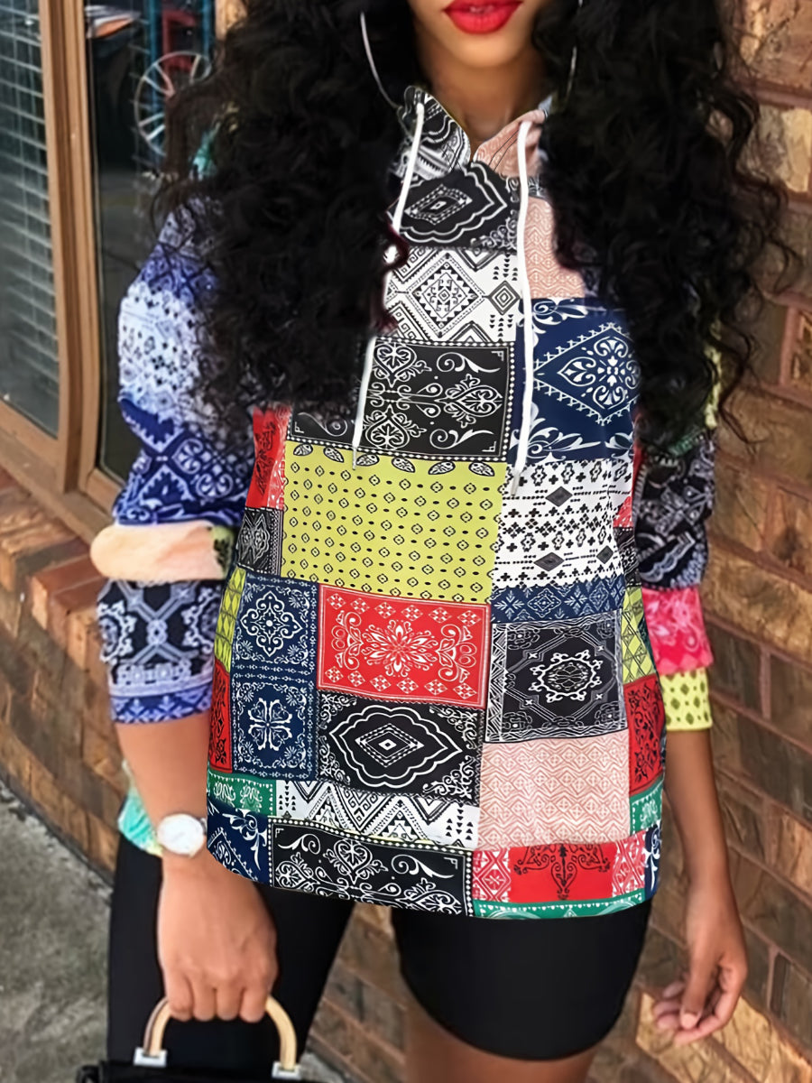 Plus Size Hooded Collar Cashew Print Hoodie BO2145