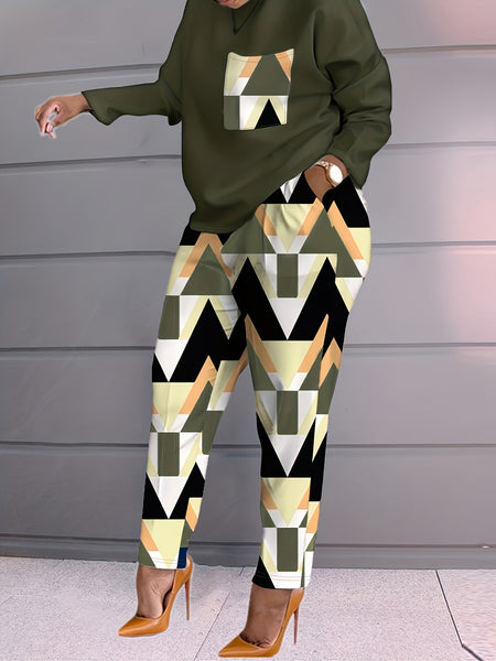 Plus Size Imitation Denim Patchwork Pocket Design Pants Set BO216