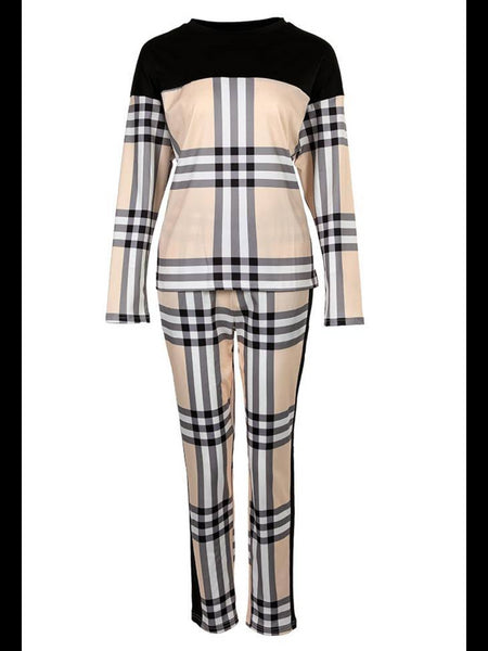 Plus Size Plaid Print Pocket Design Pants Set BO2124