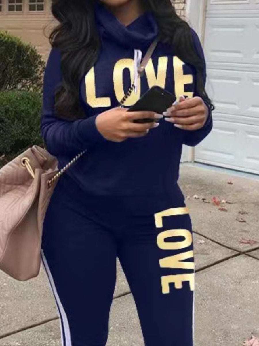 Plus Size Love Letter Print Striped Pants Set AT9033