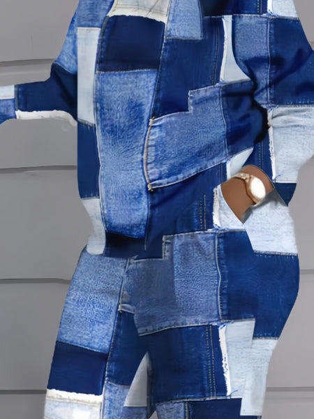 Plus Size Imitation Denim Patchwork Pocket Design Pants Set BO216