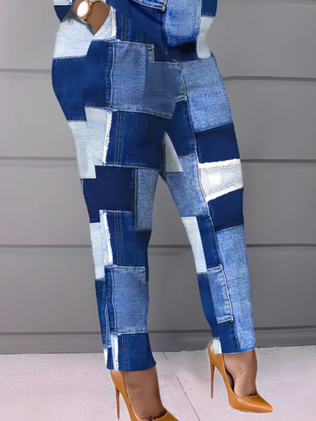 Plus Size Imitation Denim Patchwork Pocket Design Pants Set BO216