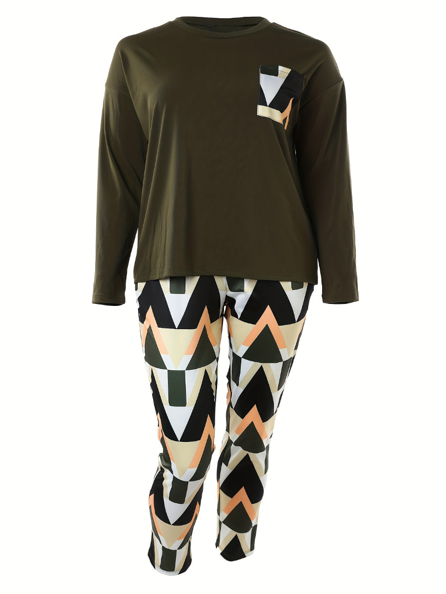 Plus Size Plaid Print Pocket Design Pants Set BO2124