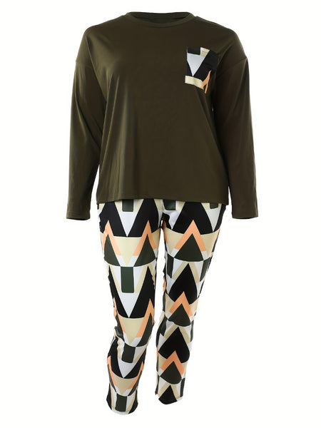 Plus Size Plaid Print Pocket Design Pants Set BO2124