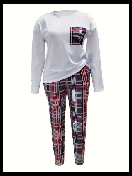 Plus Size Imitation Denim Patchwork Pocket Design Pants Set BO216