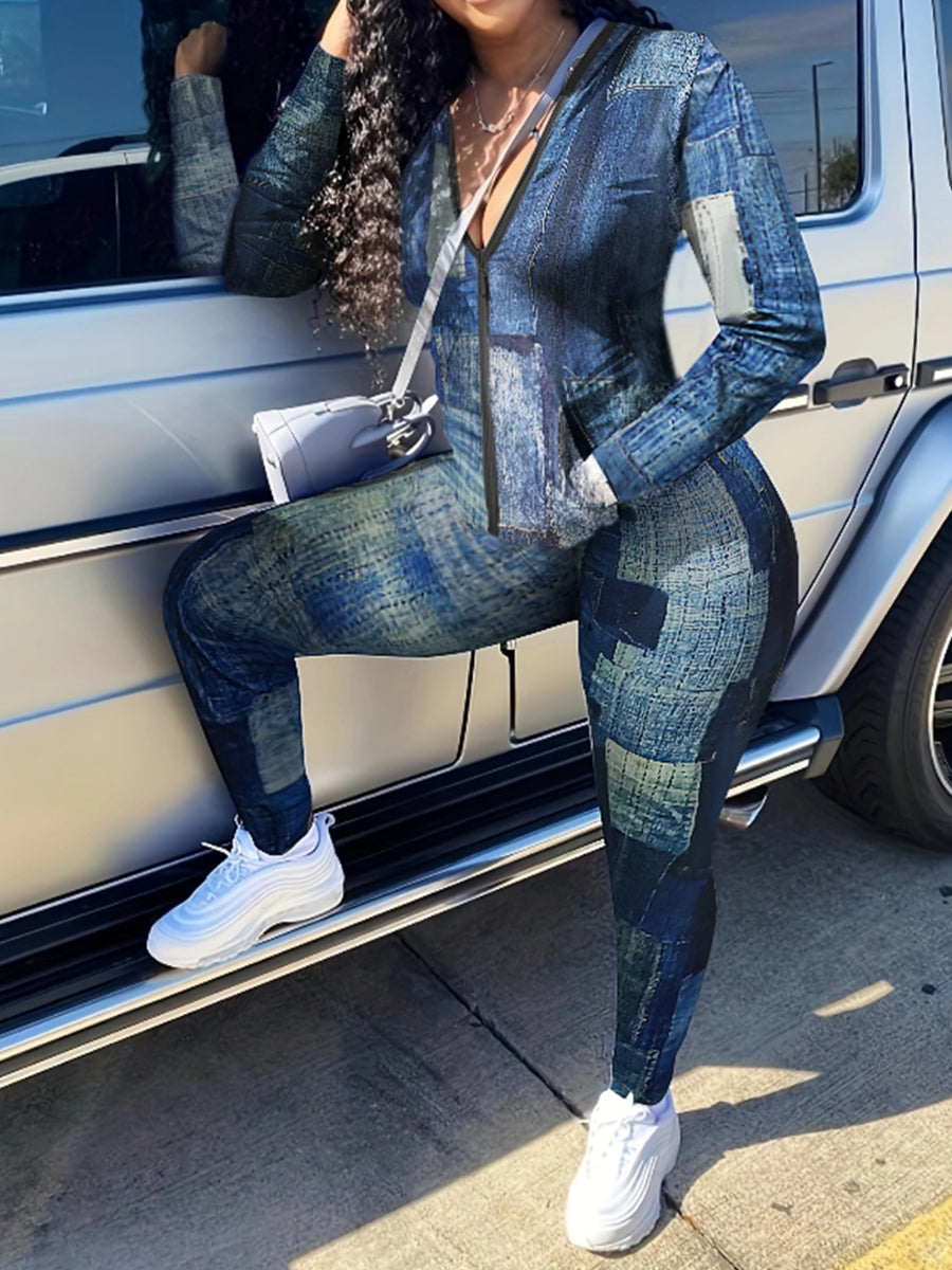 Plus Size Imitaton Denim Pocket Design Regular Fit Pants Set BO211