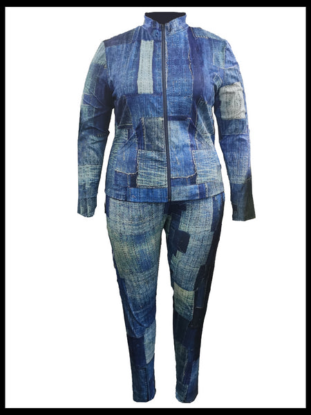 Plus Size Imitaton Denim Pocket Design Regular Fit Pants Set BO211